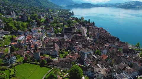 Aerial panoramic view of the old town city zug Stock Footage 309126692