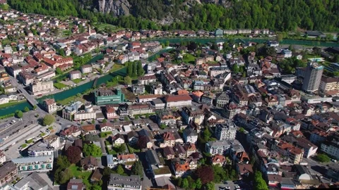 Aerial panoramic view of the old town city Interlaken Stockbeeldmateriaal 309130003