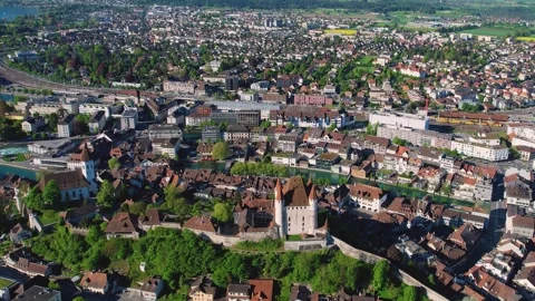 Aerial panoramic view of the old town city Thun Видео 309133923