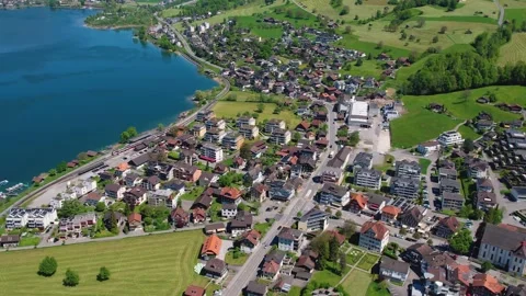 Aerial panoramic view of the old town city Sachseln Vídeos de archivo 309134657