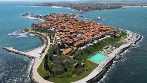 Aerial panoramic view of Old Town Nessebar on a peninsula in the Black Sea Stockbeeldmateriaal 334029360