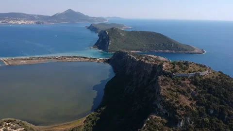 Aerial panoramic view over the ancient venetian castle Paleokastro near Voido Stock Footage 202237143