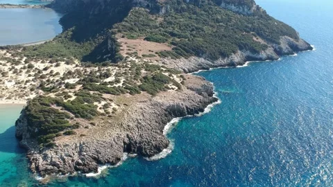 Aerial panoramic view over the ancient venetian castle Paleokastro near Voido Stock Footage 202237654