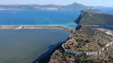 Aerial panoramic view over the ancient venetian castle Paleokastro near Voido Stock Footage 202239616