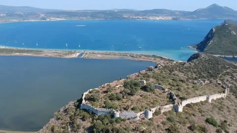 Aerial panoramic view over the ancient venetian castle Paleokastro near Voido Stock Footage 202240056