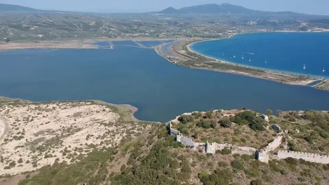 Aerial panoramic view over the ancient venetian castle Paleokastro near Voido Stock Footage 202240787