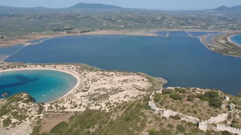 Aerial panoramic view over the ancient venetian castle Paleokastro near Voido Stock Footage 202242076