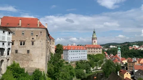 Aerial panoramic view over Cesky Krumlov castle, tower and city centre. Czechia Stock Footage 205933868