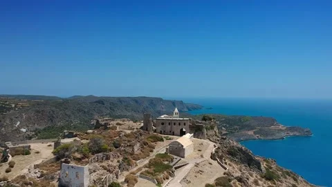 Aerial panoramic view over Chora, Kythera and the Castle at sunset Stock Footage 134583219