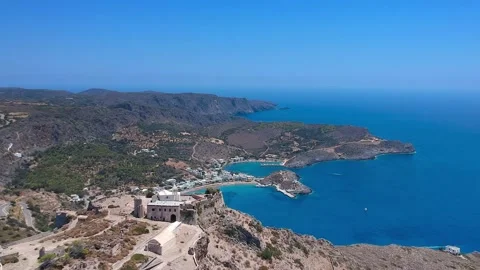 Aerial panoramic view over Chora, Kythera and the Castle at sunset Stock Footage 134583386