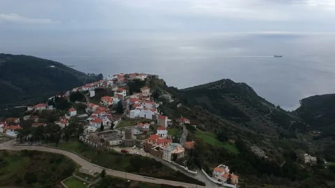 Aerial panoramic view over Chora the old Village of Alonnisos, Greece Stock Footage 163319447