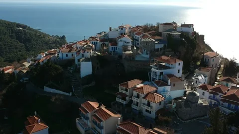 Aerial panoramic view over Chora the old Village of Alonnisos, Greece Stock Footage 163322946