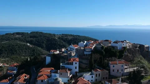 Aerial panoramic view over Chora the old Village of Alonnisos, Greece Stock Footage 163327248