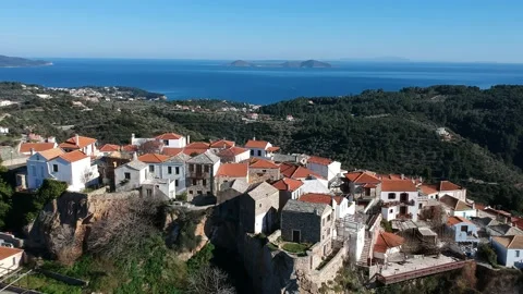 Aerial panoramic view over Chora the old Village of Alonnisos, Greece Stock Footage 163328513