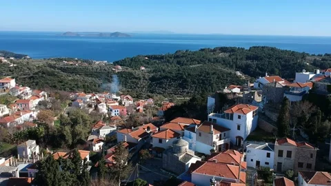 Aerial panoramic view over Chora the old Village of Alonnisos, Greece Stock Footage 163328876