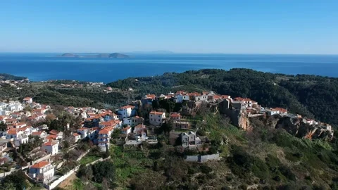 Aerial panoramic view over Chora the old Village of Alonnisos, Greece Stock Footage 163329478