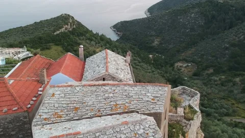 Aerial panoramic view over Chora the old Village of Alonnisos, Greece Stock Footage 163332535