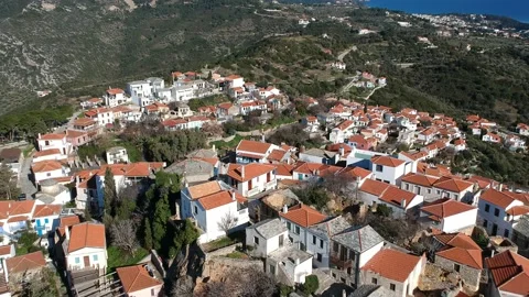 Aerial panoramic view over Chora the old Village of Alonnisos, Greece Stock Footage 163335200