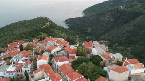 Aerial panoramic view over Chora the old Village of Alonnisos, Greece Stock Footage 163338339