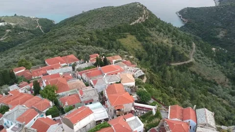 Aerial panoramic view over Chora the old Village of Alonnisos, Greece Stock Footage 163340474
