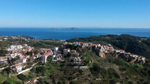 Aerial panoramic view over Chora the old Village of Alonnisos, Greece Stock Footage 163340507