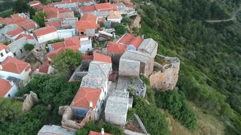 Aerial panoramic view over Chora the old Village of Alonnisos, Greece Stock Footage 163341601