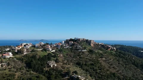 Aerial panoramic view over Chora the old Village of Alonnisos, Greece Stock Footage 163341960