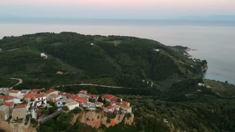 Aerial panoramic view over Chora the old Village of Alonnisos, Greece Stock Footage 163345410