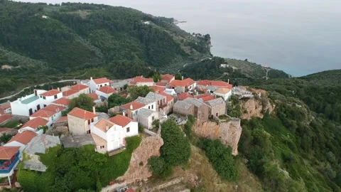 Aerial panoramic view over Chora the old Village of Alonnisos, Greece Stock Footage 163345756