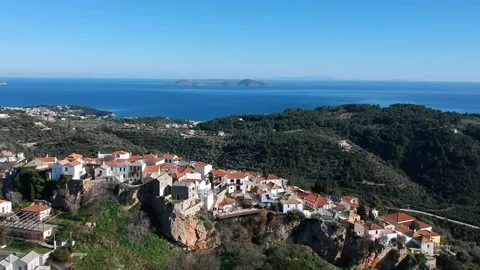 Aerial panoramic view over Chora the old Village of Alonnisos, Greece Stock Footage 163349746