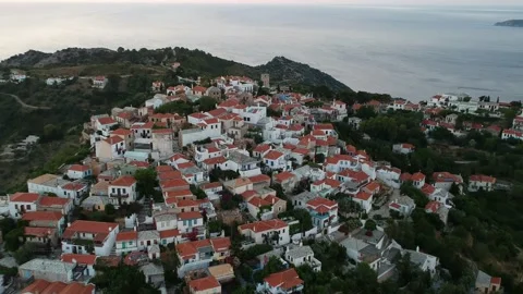 Aerial panoramic view over Chora the old Village of Alonnisos, Greece Stock Footage 163350557