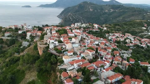 Aerial panoramic view over Chora the old Village of Alonnisos, Greece Stock Footage 163352317