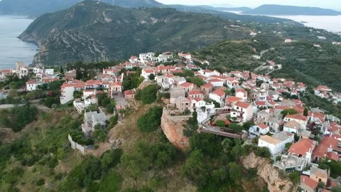 Aerial panoramic view over Chora the old Village of Alonnisos, Greece Stock Footage 163353114