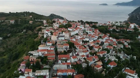 Aerial panoramic view over Chora the old Village of Alonnisos, Greece Stock Footage 163353521