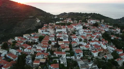 Aerial panoramic view over Chora the old Village of Alonnisos, Greece Stock Footage 163354555