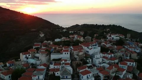 Aerial panoramic view over Chora the old Village of Alonnisos, Greece Stock Footage 163356830