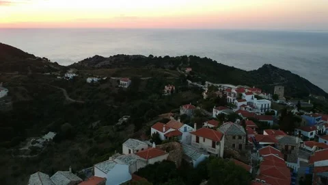 Aerial panoramic view over Chora the old Village of Alonnisos, Greece Stock Footage 163357859