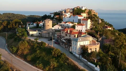 Aerial panoramic view over Chora the old Village of Alonnisos, Greece Stock Footage 163358915