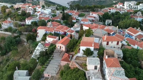 Aerial panoramic view over Chora the old Village of Alonnisos, Greece Stock Footage 163360643