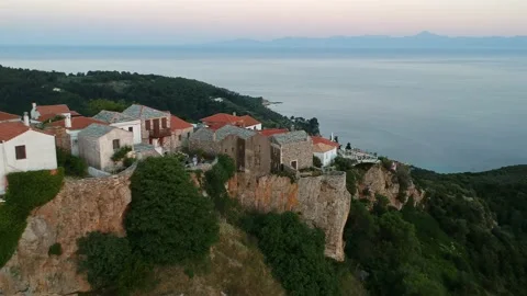 Aerial panoramic view over Chora the old Village of Alonnisos, Greece Stock Footage 163360929