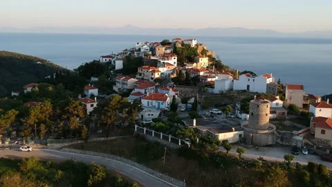 Aerial panoramic view over Chora the old Village of Alonnisos, Greece Stock Footage 163361764