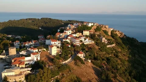 Aerial panoramic view over Chora the old Village of Alonnisos, Greece 動画素材 163362092