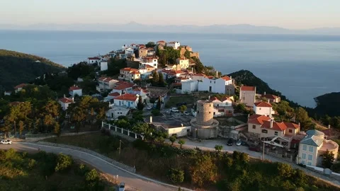 Aerial panoramic view over Chora the old Village of Alonnisos, Greece 動画素材 163362237