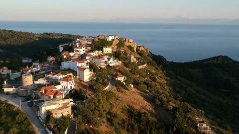 Aerial panoramic view over Chora the old Village of Alonnisos, Greece 動画素材 163367921