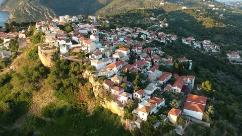 Aerial panoramic view over Chora the old Village of Alonnisos, Greece 動画素材 163370627