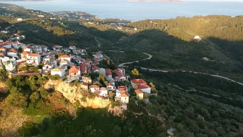Aerial panoramic view over Chora the old Village of Alonnisos, Greece 動画素材 163370787
