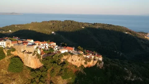 Aerial panoramic view over Chora the old Village of Alonnisos, Greece 動画素材 163372817
