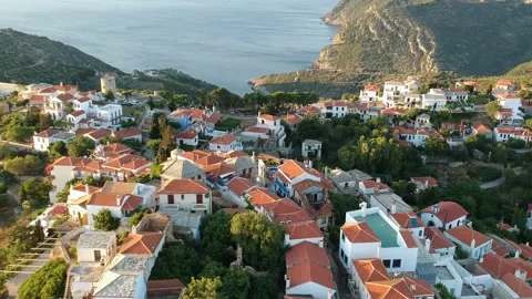 Aerial panoramic view over Chora the old Village of Alonnisos, Greece 動画素材 163372997