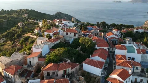 Aerial panoramic view over Chora the old Village of Alonnisos, Greece 動画素材 163376607
