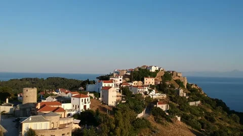 Aerial panoramic view over Chora the old Village of Alonnisos, Greece 動画素材 163379376